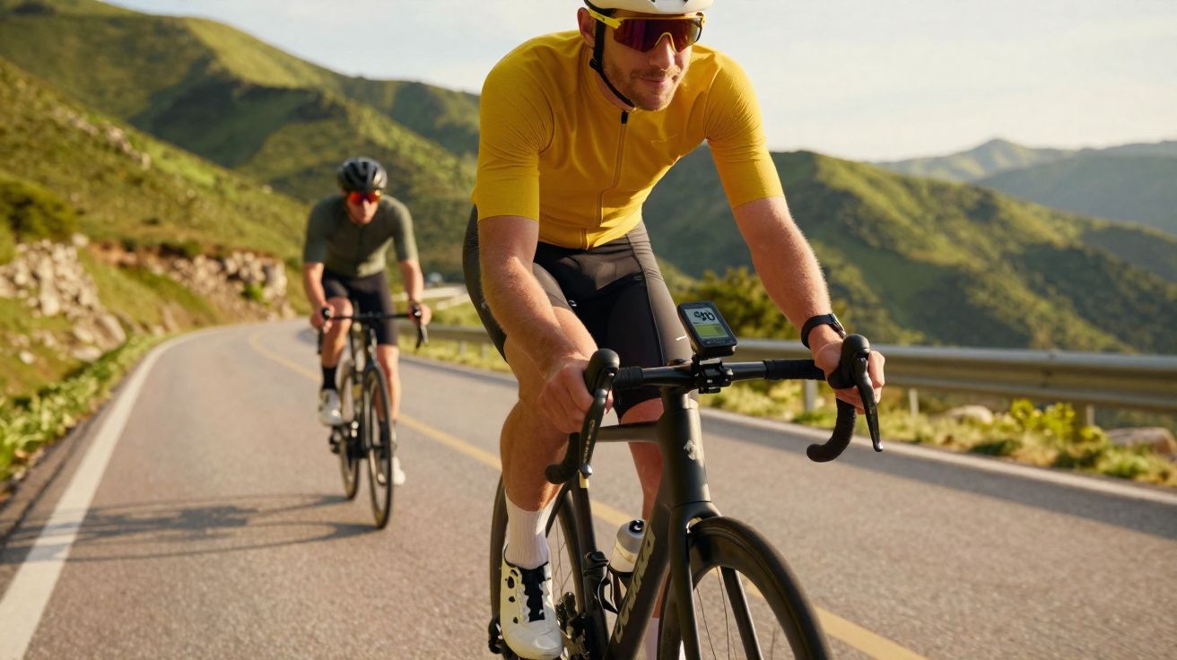 Deux cyclistes en tenue sportive roulent sur une route de montagne au soleil couchant.
