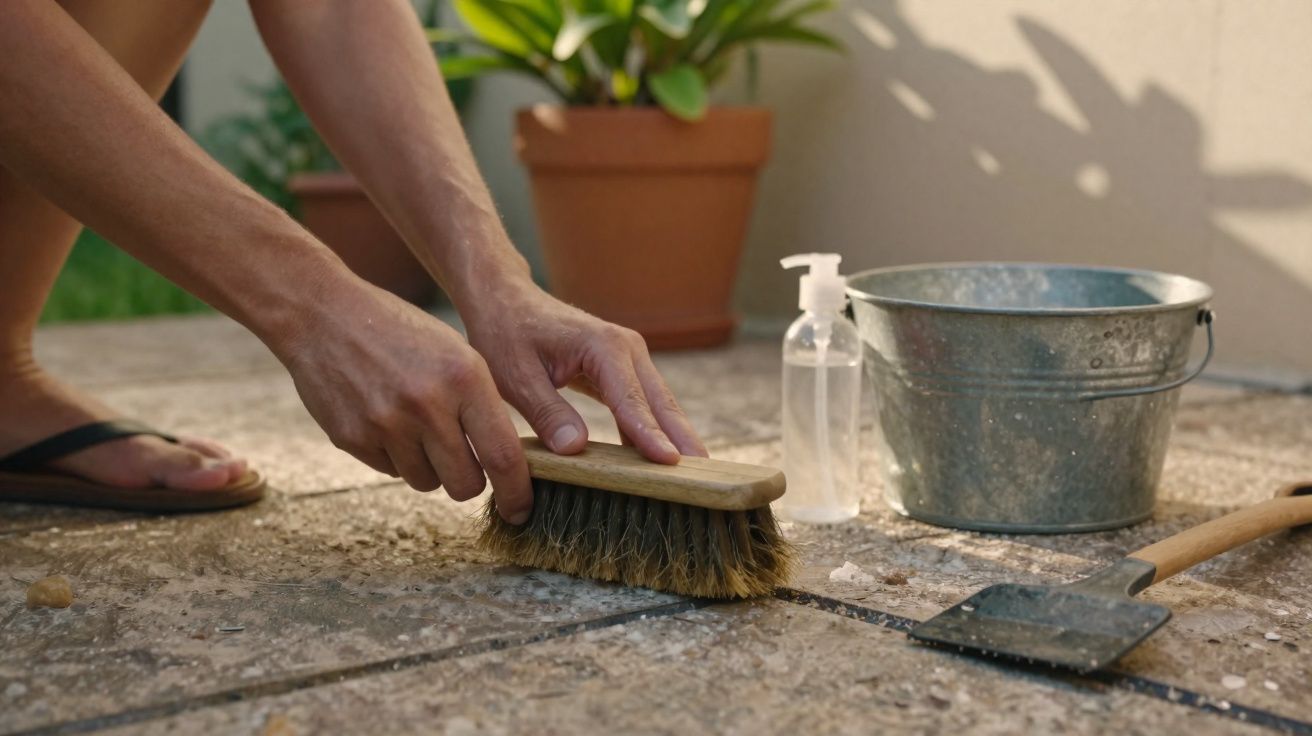 Personne en sandales nettoyant le sol en carrelage avec une brosse, seau, gel désinfectant et grattoir.
