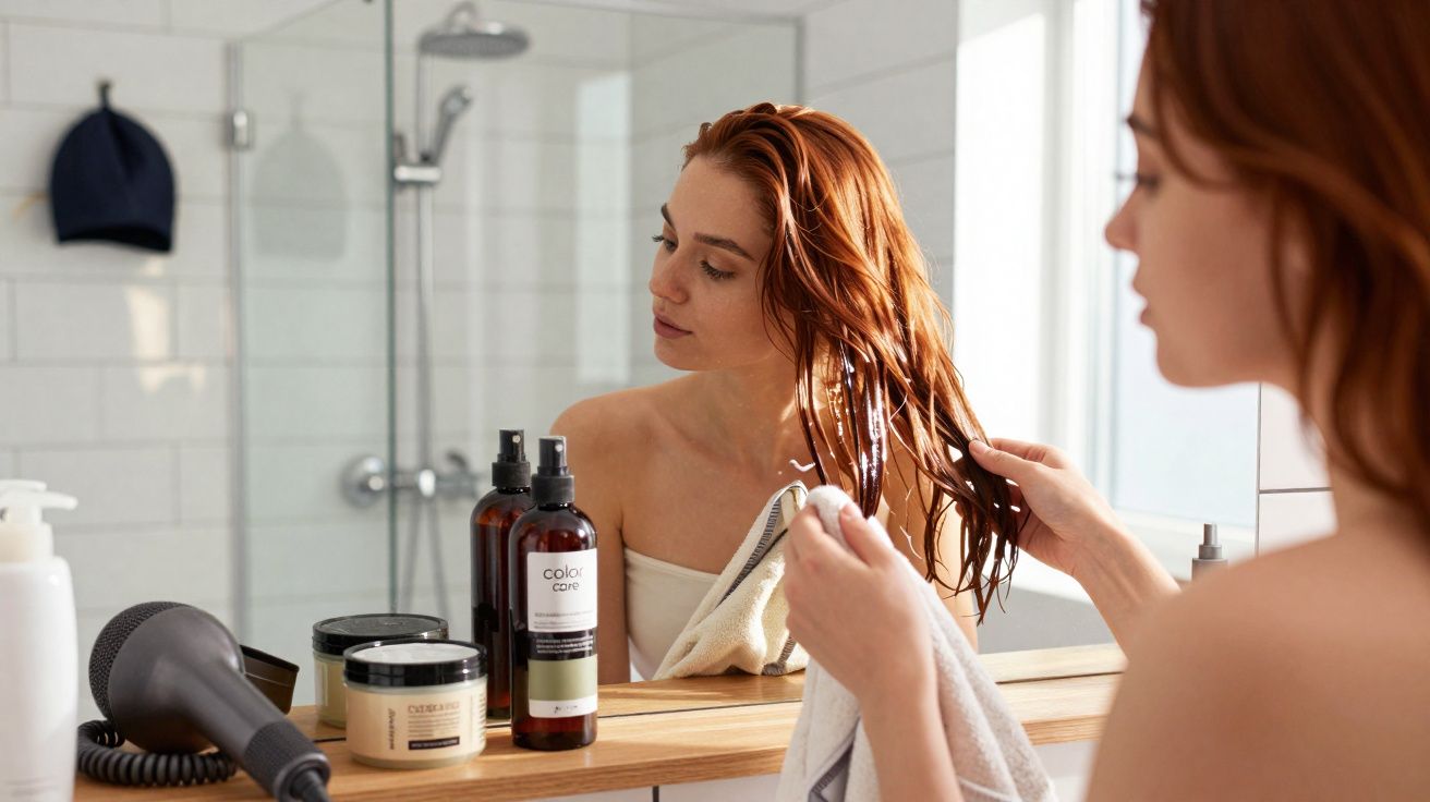 Femme essuyant ses cheveux rouges mouillés devant un miroir dans une salle de bain moderne.