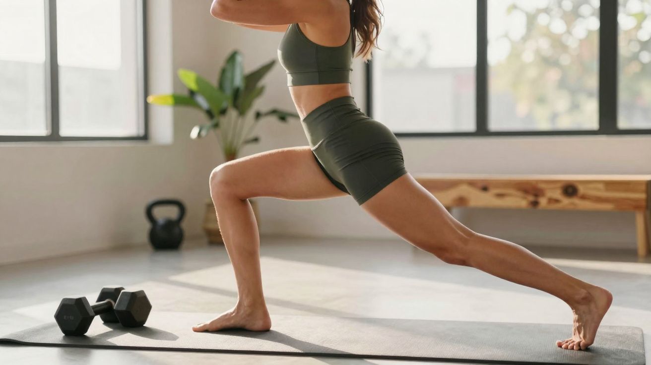 Femme en tenue de sport faisant une fente avant sur tapis de yoga dans une pièce lumineuse.