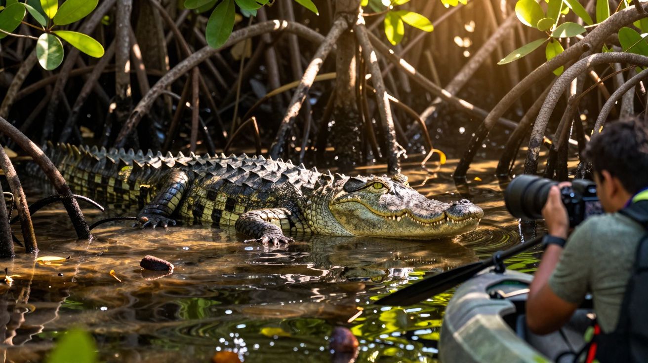 Photographe en kayak capturant un crocodile dans une mangrove ensoleillée.