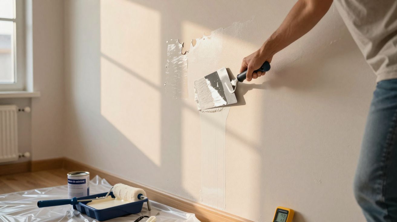 Personne appliquant de l'enduit blanc sur un mur intérieur avec une spatule lors de travaux de rénovation.