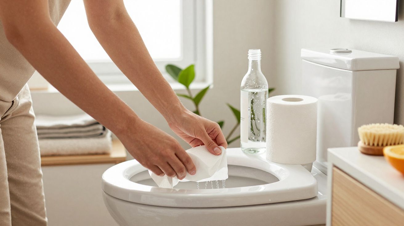 Personne nettoyant la lunette des toilettes avec une lingette dans une salle de bain lumineuse.