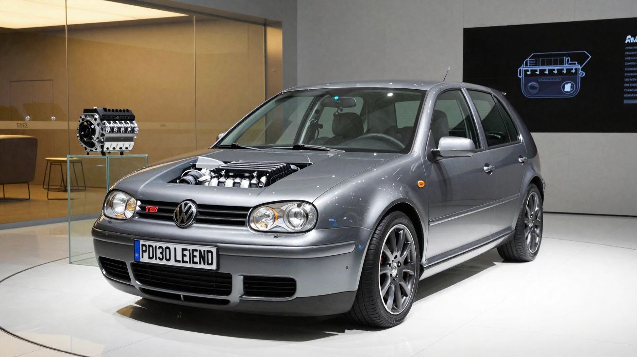 Volkswagen Golf grise exposée en intérieur avec capot modifié montrant un moteur surdimensionné visible.