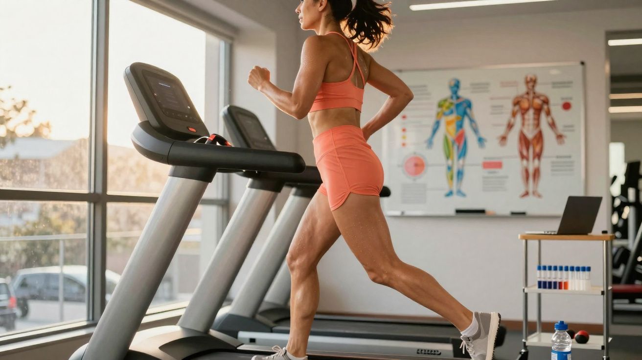 Femme sportive courant sur un tapis roulant dans une salle de sport lumineuse avec un poster anatomique.