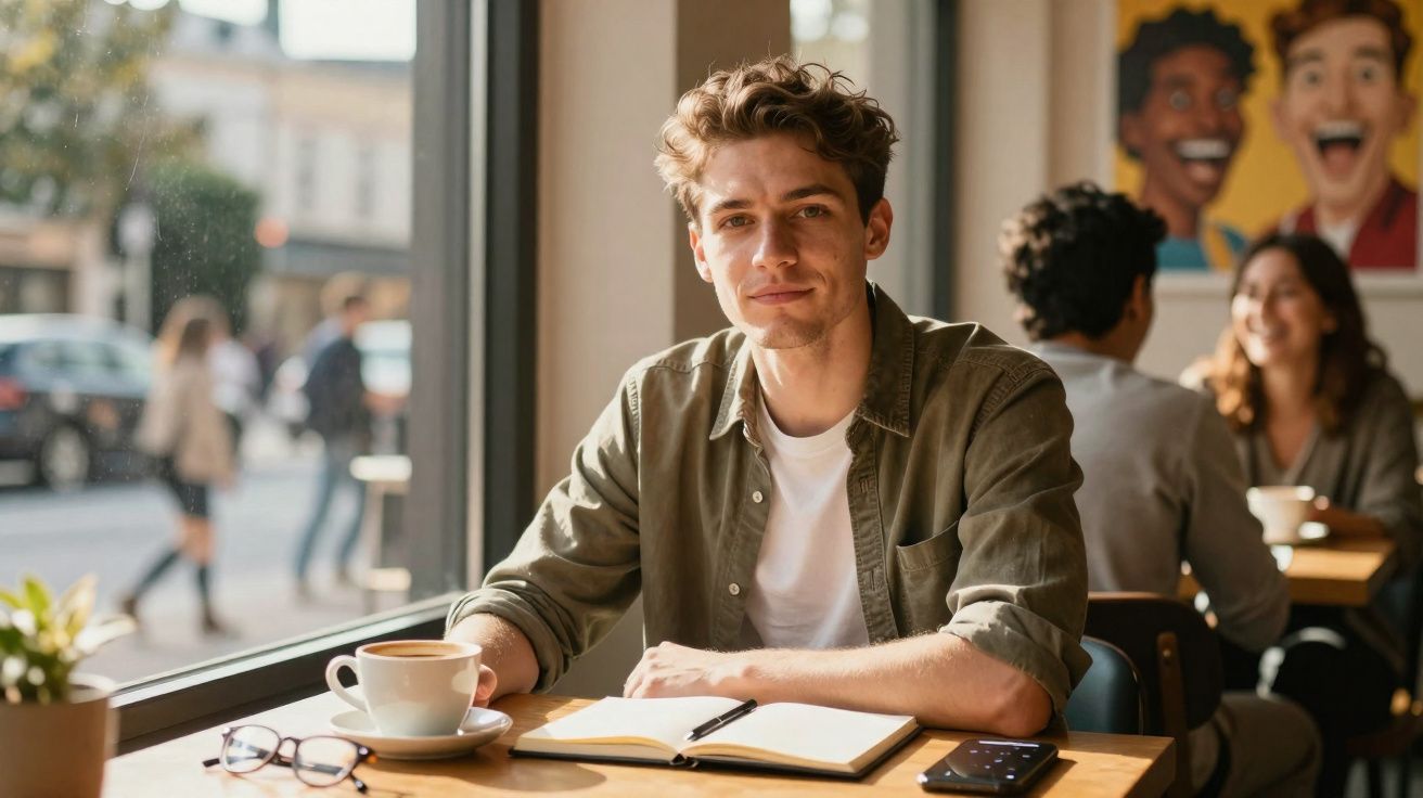 Jeune homme souriant avec carnet ouvert et tasse de café dans un café lumineux près d'une fenêtre.