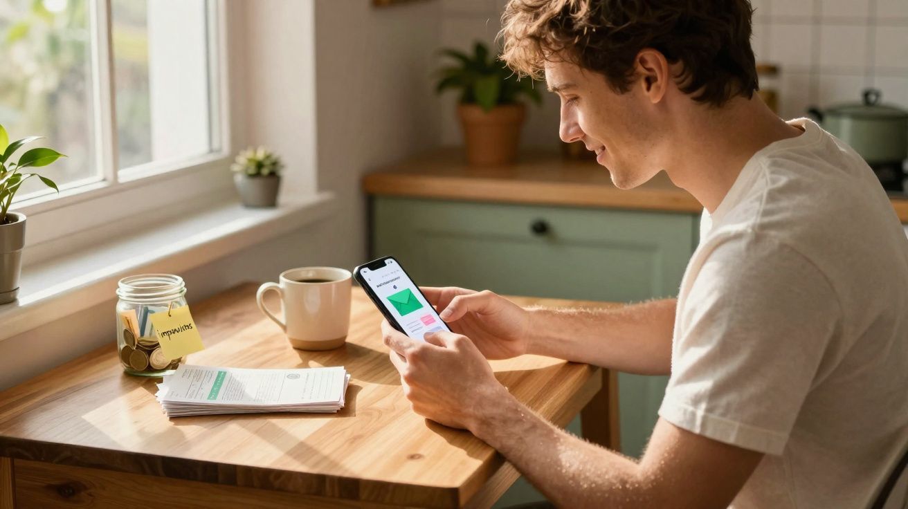 Jeune homme assis à une table en bois consultant son smartphone avec un café et un pot de pièces.