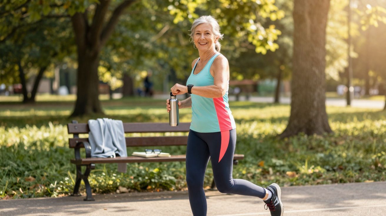 Femme active souriante en tenue de sport, courant dans un parc ensoleillé avec une bouteille d’eau à la main.