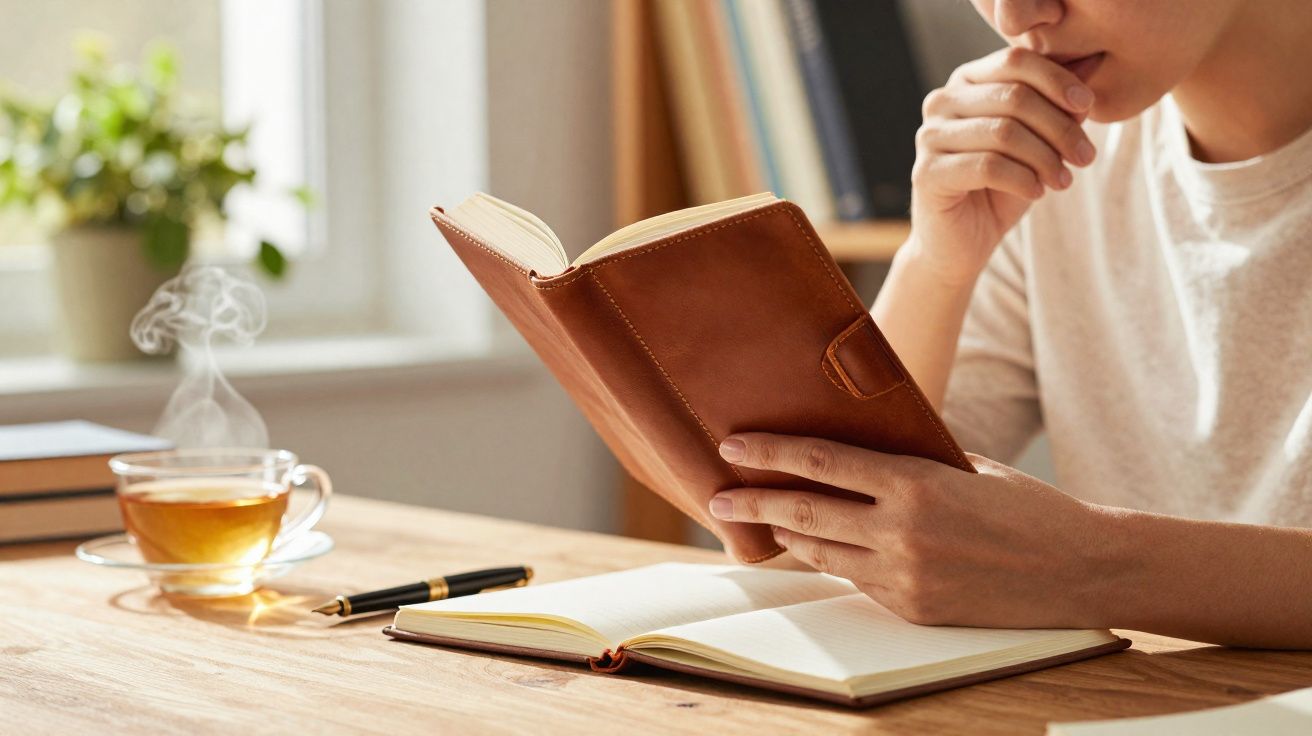 Personne lisant un livre relié en cuir à une table avec un carnet ouvert et une tasse de thé fumante.