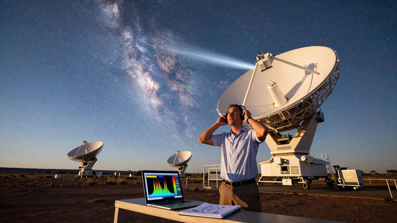 Homme avec casque devant des antennes paraboliques sous la Voie lactée et un ordinateur affichant un spectre coloré.