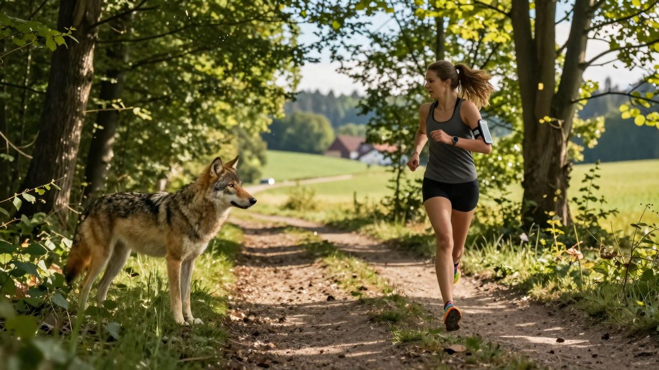 Femme courant sur un chemin forestier croisant un loup au milieu des arbres et de la verdure.