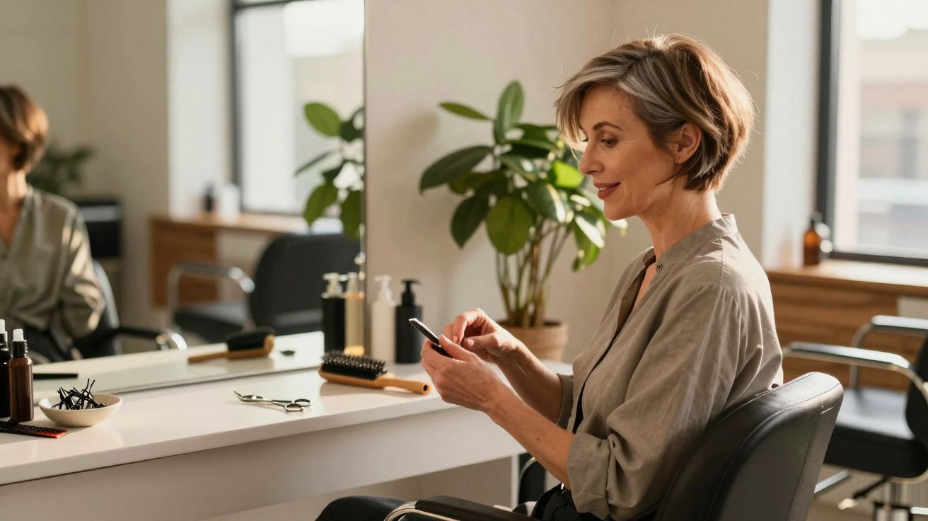 Femme assise dans un salon de coiffure, utilisant son téléphone, avec plantes et produits de beauté autour.