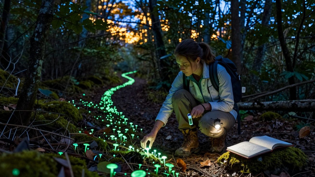Jeune femme en randonnée explore un sentier forestier bordé de champignons lumineux au crépuscule.