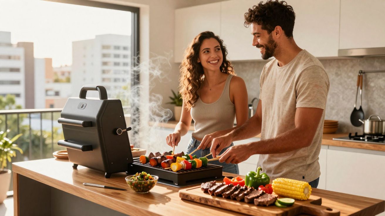 Jeune couple souriant préparant des brochettes et grillades ensemble sur un barbecue dans une cuisine moderne.
