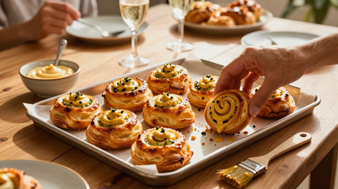 Plateau de viennoiseries garnies de crème, une main saisit une pâtisserie sur une table en bois.