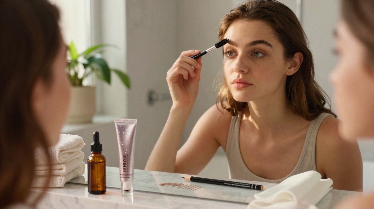 Jeune femme appliquant du mascara devant un miroir dans une salle de bain lumineuse.