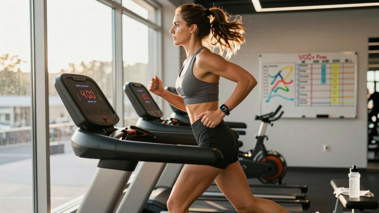 Femme sportive courant sur un tapis de course dans une salle de sport lumineuse avec grandes fenêtres.