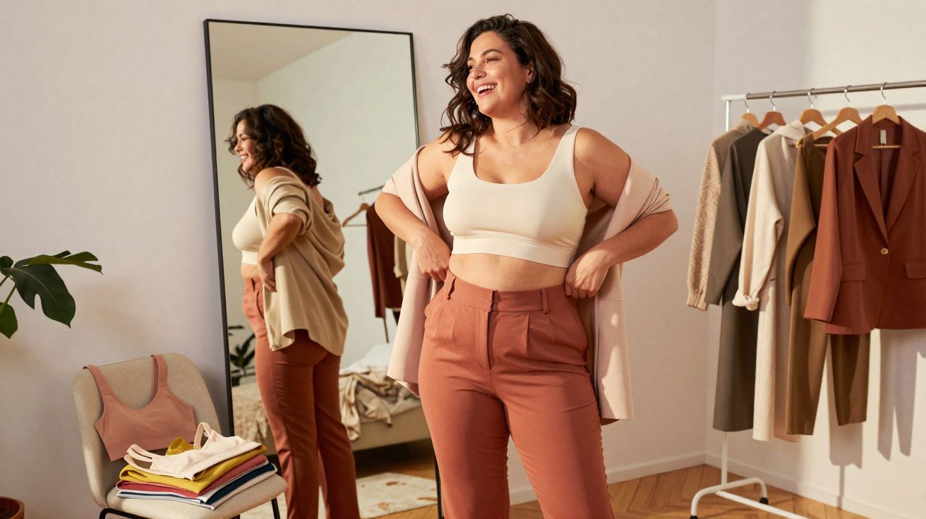 Femme souriante en pantalon rose et haut crème, se regardant dans un grand miroir dans une chambre élégante.