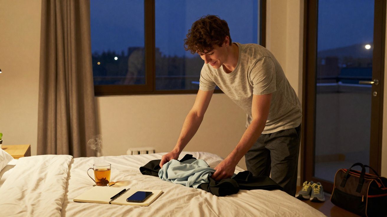 Un homme plie des vêtements sur un lit dans une chambre éclairée le soir avec une fenêtre ouverte.