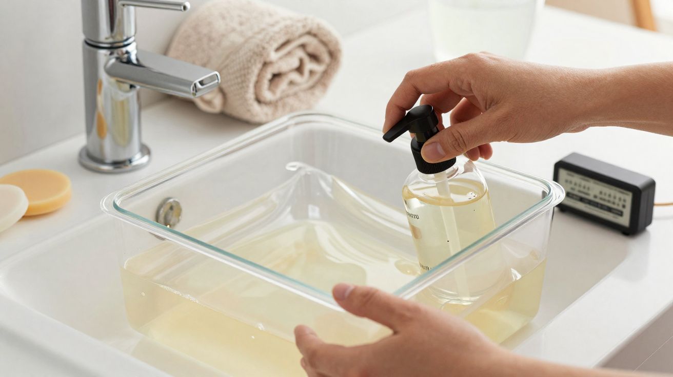 Mains tenant un flacon de savon liquide dans un lavabo avec un bac transparent rempli d’eau claire.