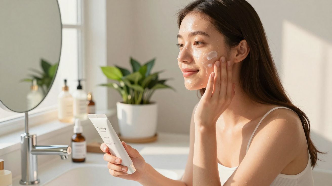 Jeune femme appliquant une crème hydratante sur son visage dans une salle de bain lumineuse.