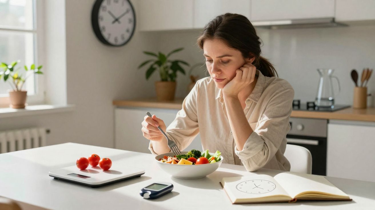 Femme en chemise claire mangeant une salade à la cuisine avec un tensiomètre, une balance et un carnet ouvert.