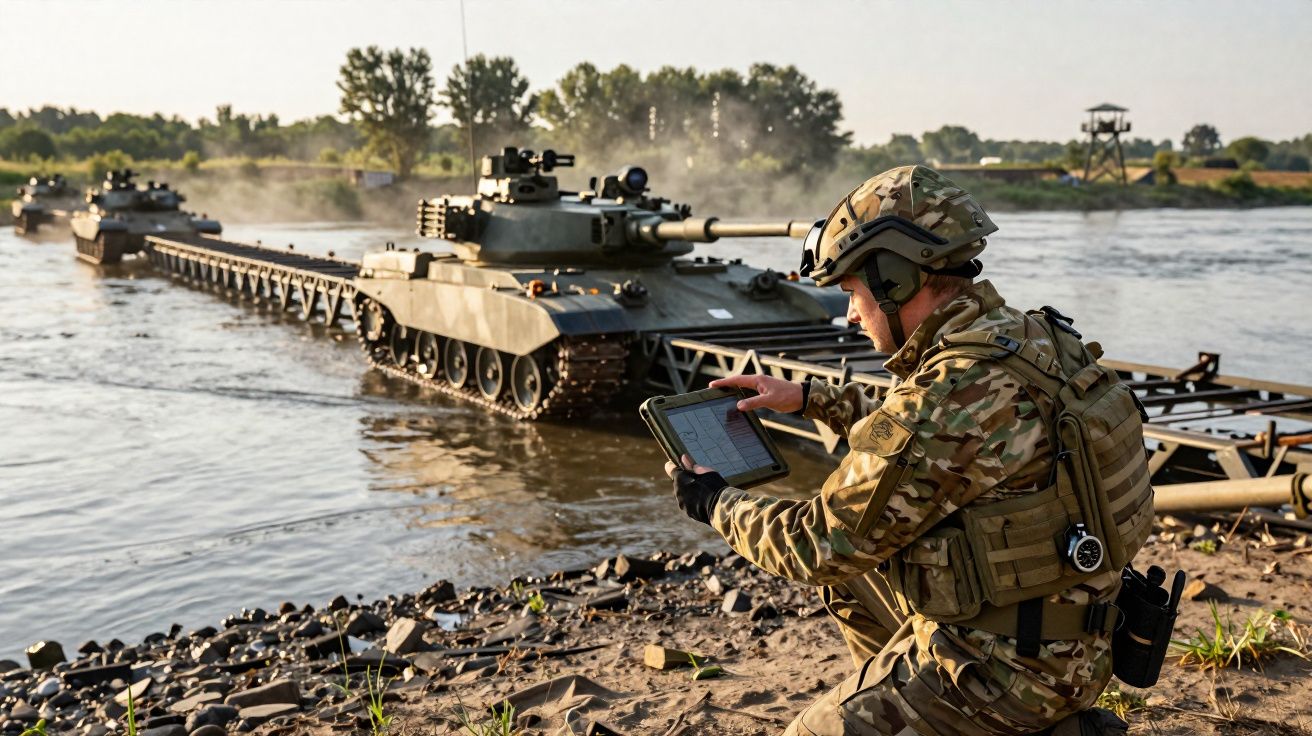 Soldat en tenue camouflage avec tablette près d'un pont temporaire sur rivière, chars en arrière-plan.