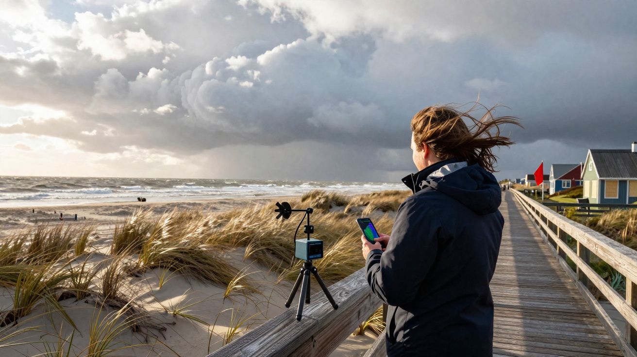 Personne debout sur une passerelle bordée de dunes, utilisant un smartphone avec un anémomètre devant elle.