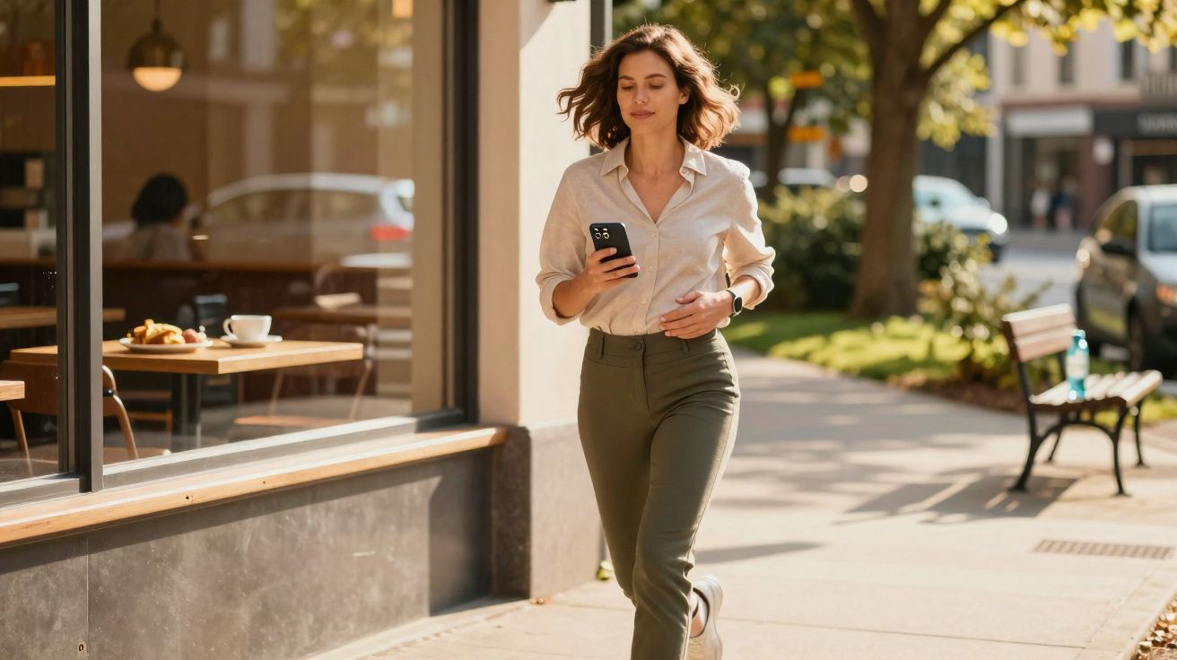 Jeune femme marchant en extérieur en tenant un smartphone, près d’un café avec terrasse ensoleillée.