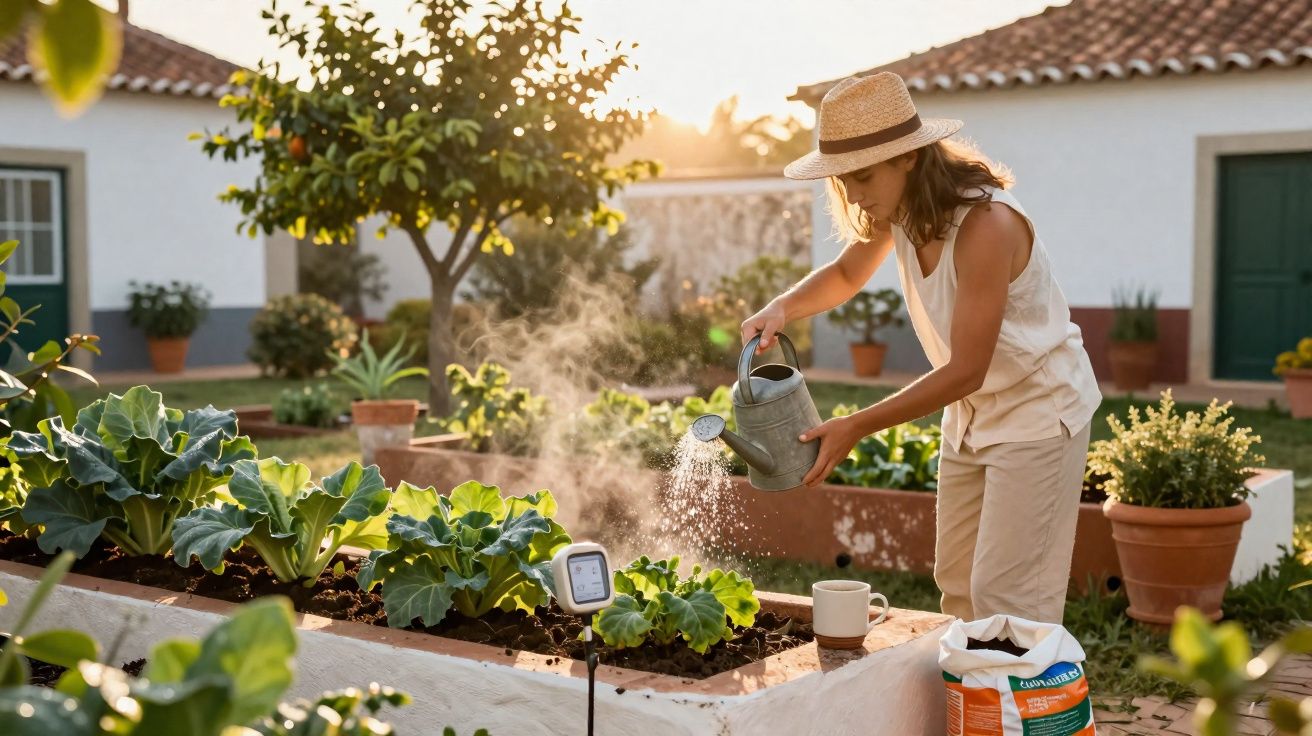 Femme en chapeau arrosant un potager en pleine lumière du soir dans un jardin soigné.