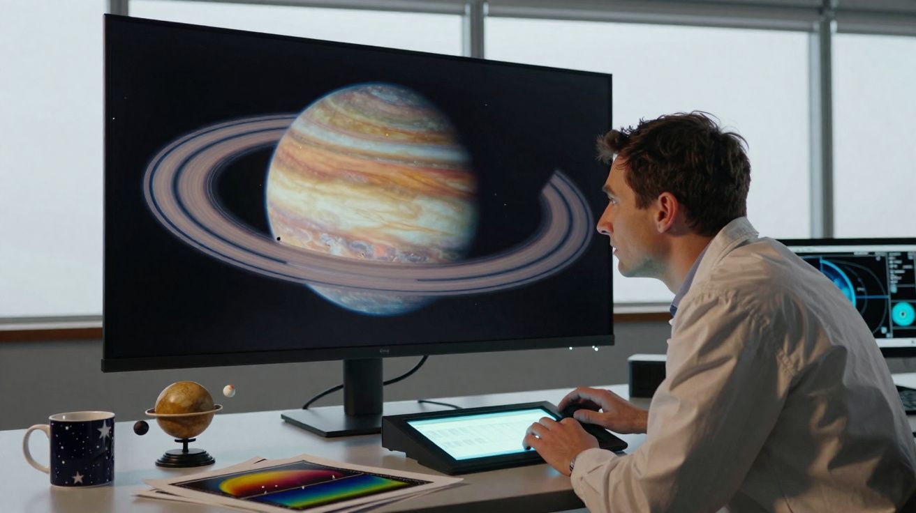 Astronome observant une planète géante animée avec des anneaux sur un grand écran dans un laboratoire moderne.