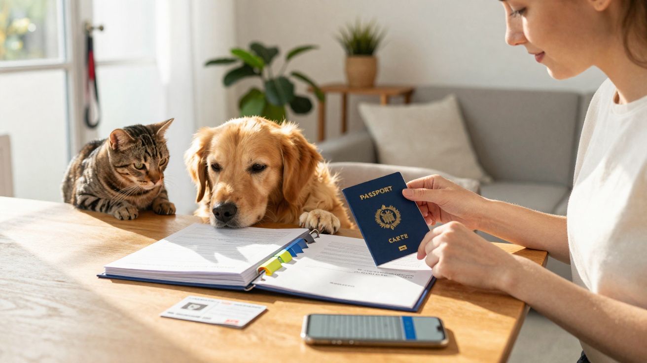 Une femme tient un passeport près d'un chien et d'un chat posés sur une table avec un agenda ouvert.