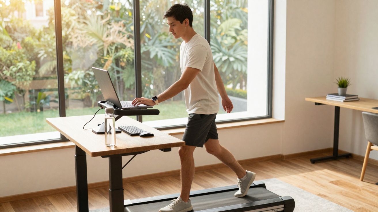 Jeune homme habillé en tenue sportive utilisant un bureau assis-debout tout en marchant sur un tapis roulant à domicile.