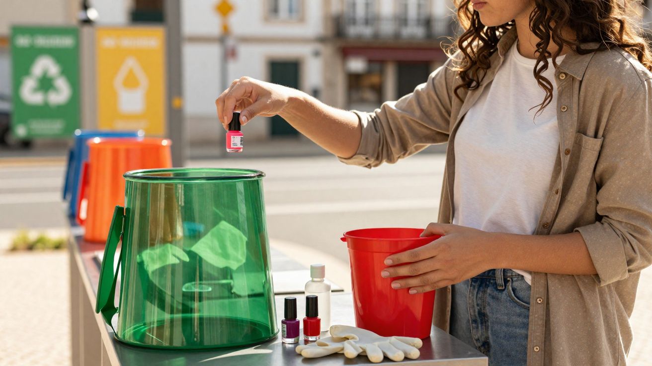 Jeune femme triant les déchets en déposant un flacon de vernis à ongles dans une poubelle verte de recyclage.