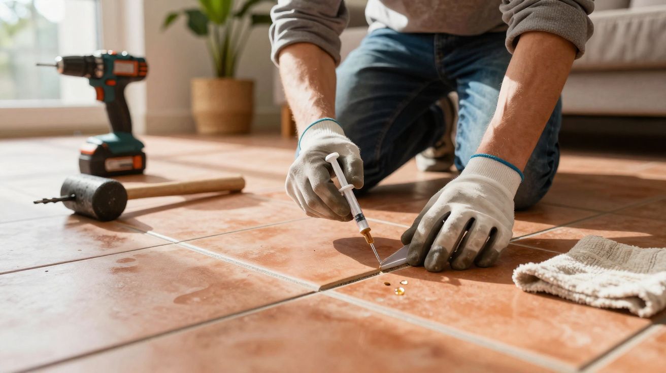 Homme réparant un carrelage fissuré au sol avec une seringue, ganté, entouré d'outils de bricolage.