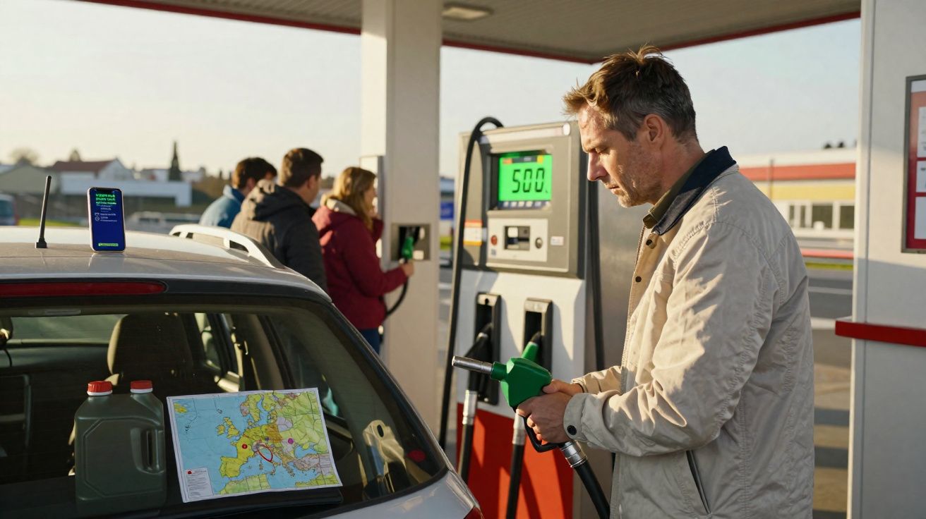 Homme faisant le plein de sa voiture à une station-service avec d'autres personnes à côté.