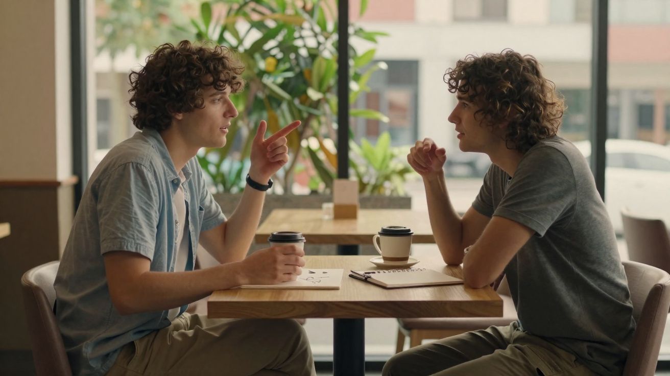 Deux hommes aux cheveux bouclés discutant face à face autour d'une table avec des tasses de café dans un café lumineux.