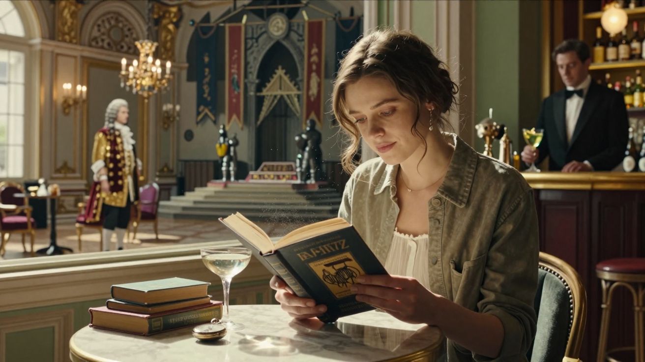Jeune femme lisant un livre au café, décor luxueux avec personnages en costume d'époque en arrière-plan.