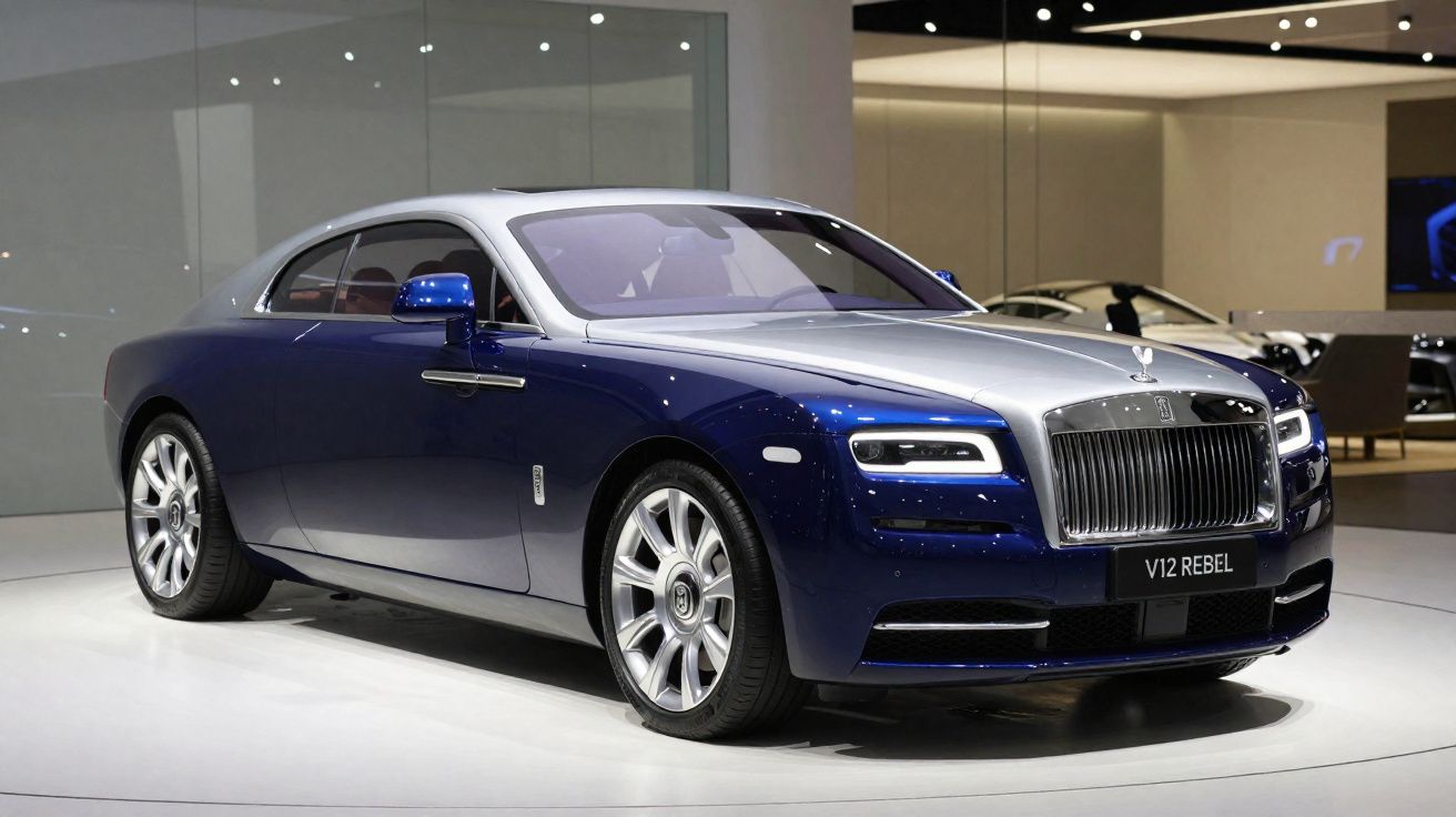 Voiture de luxe Rolls-Royce V12 Rebel bleue et argentée exposée dans un showroom moderne.