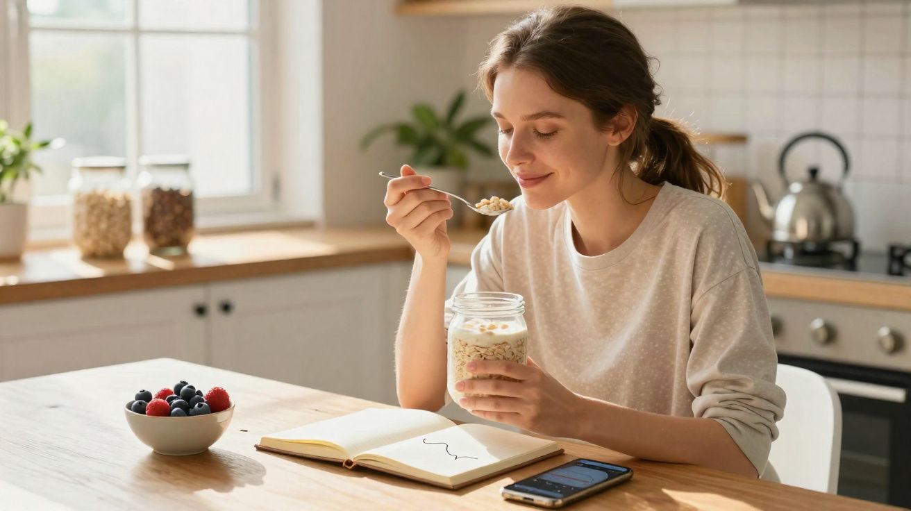 Jeune femme mangeant un petit-déjeuner sain dans une cuisine lumineuse avec un carnet ouvert et un smartphone.