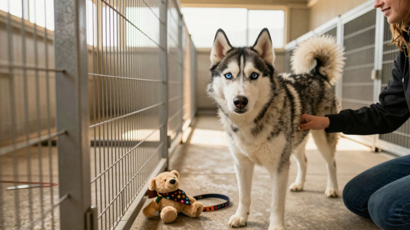 Husky aux yeux bleus dans un chenil avec une peluche, une personne caresse le chien.