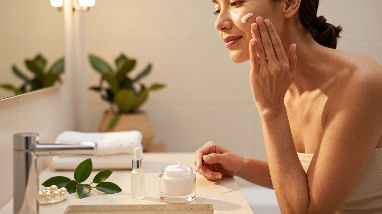 Femme appliquant une crème hydratante sur le visage dans une salle de bain lumineuse et moderne.
