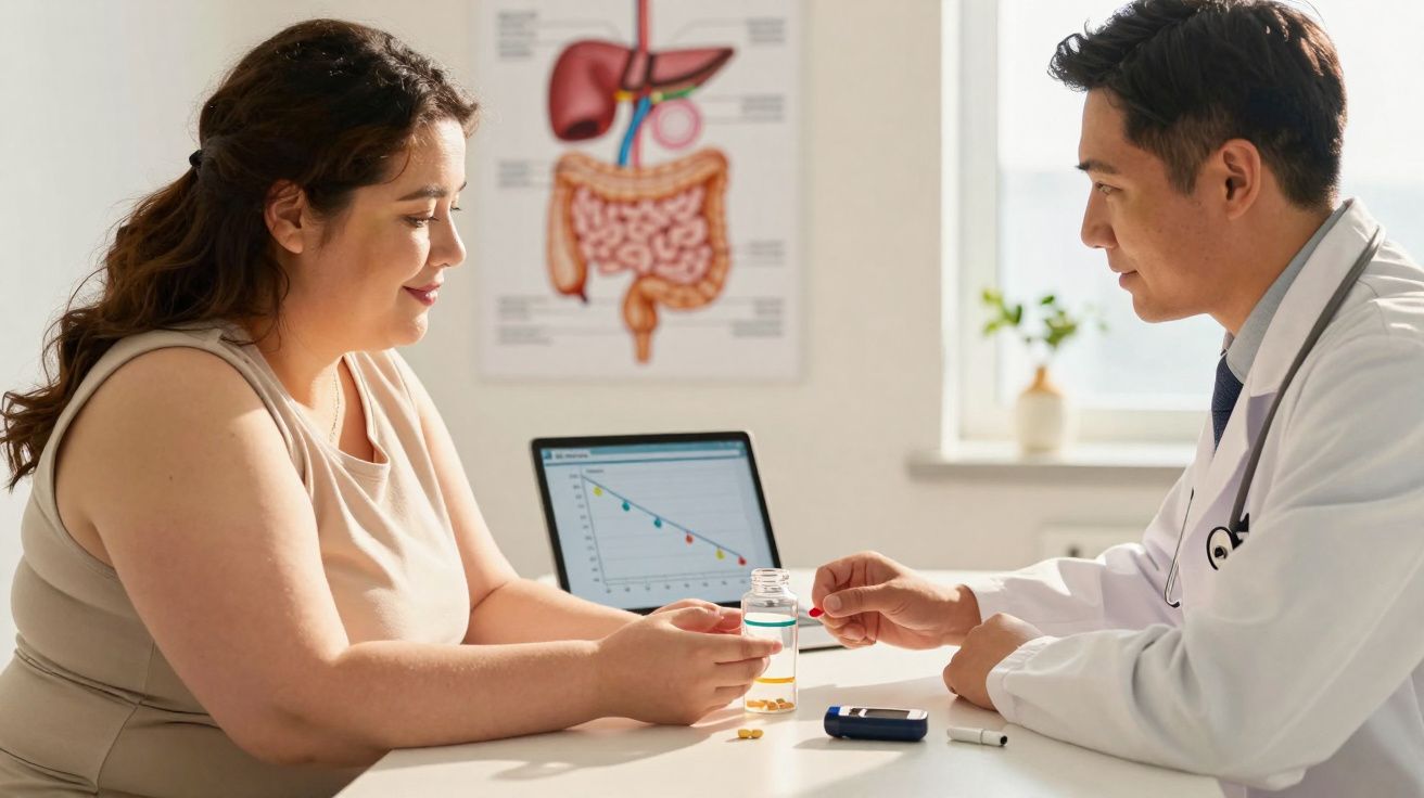 Une femme consulte un médecin pour un traitement médical avec des graphiques de santé en arrière-plan.