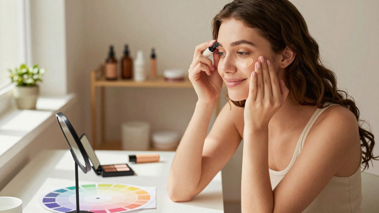 Jeune femme appliquant un soin du visage devant un miroir sur une table avec palette de couleurs et produits cosmétiques.