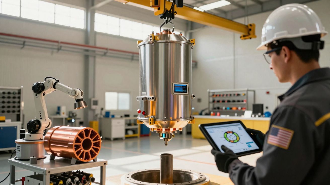 Technicien en casque utilisant une tablette à côté d’un dispositif métallique contrôlé par robot dans un atelier industriel.