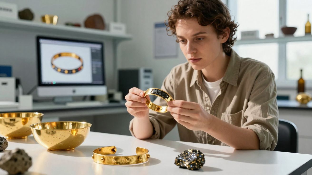 Jeune homme examine un bracelet doré orné de pierres dans un atelier de création de bijoux.