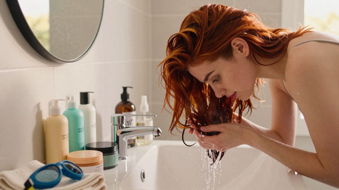 Jeune femme rousse se lavant le visage à l'eau dans une salle de bain moderne avec miroir et produits de soins.