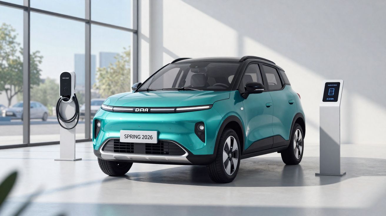 Voiture électrique DAA Spring 2026 verte exposée en salle avec bornes de recharge moderne.