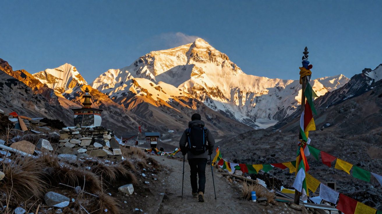 Randonneur sur un sentier en montagne face au mont Everest éclairé par le soleil levant avec des drapeaux colorés.
