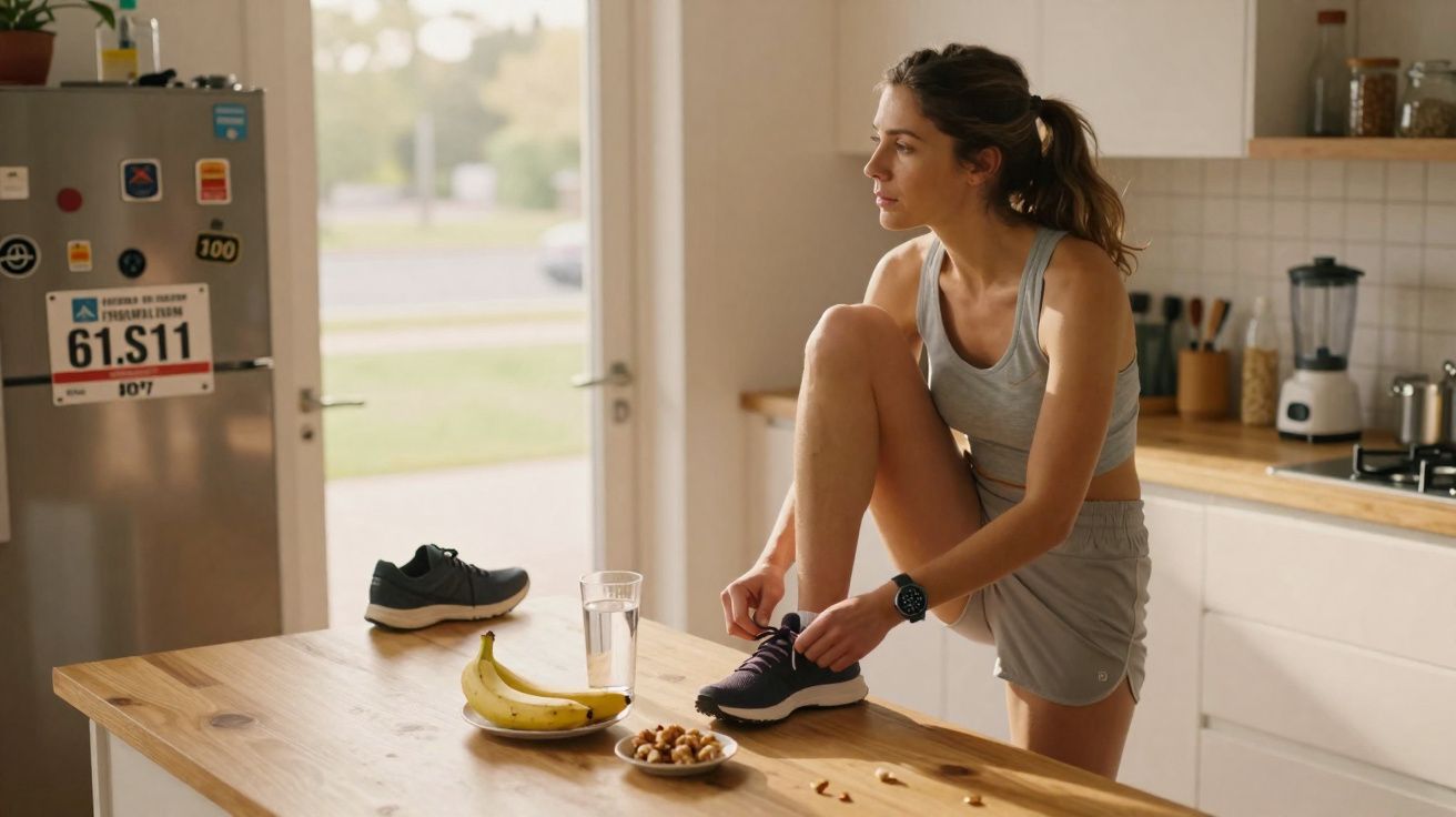 Jeune femme en tenue de sport attachant ses chaussures dans une cuisine moderne lumineuse.
